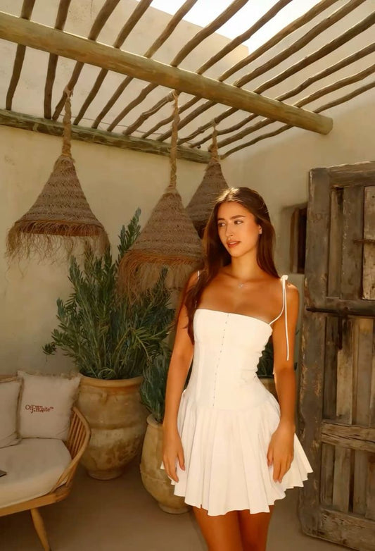 Vestido corto de satén blanco con tirantes finos y corte en A para cumpleaños de verano, vestido Hoco, minivestido para fiesta de 16 años (DP1234)