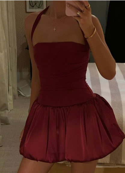Vestido corto de verano de satén burdeos con cuello halter y corte en A, estilo Hoco, para cumpleaños, minivestido de fiesta para 16.º cumpleaños, DP1235