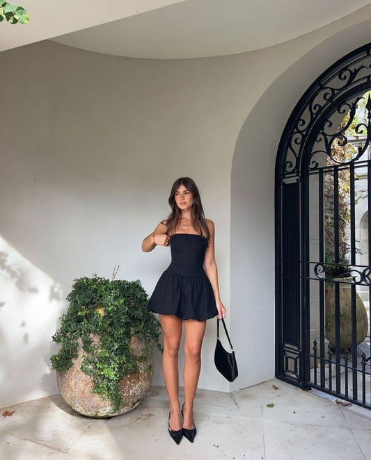 Vestido de verano de satén negro sin tirantes, corte A, minivestido de cóctel para cumpleaños, DP1238