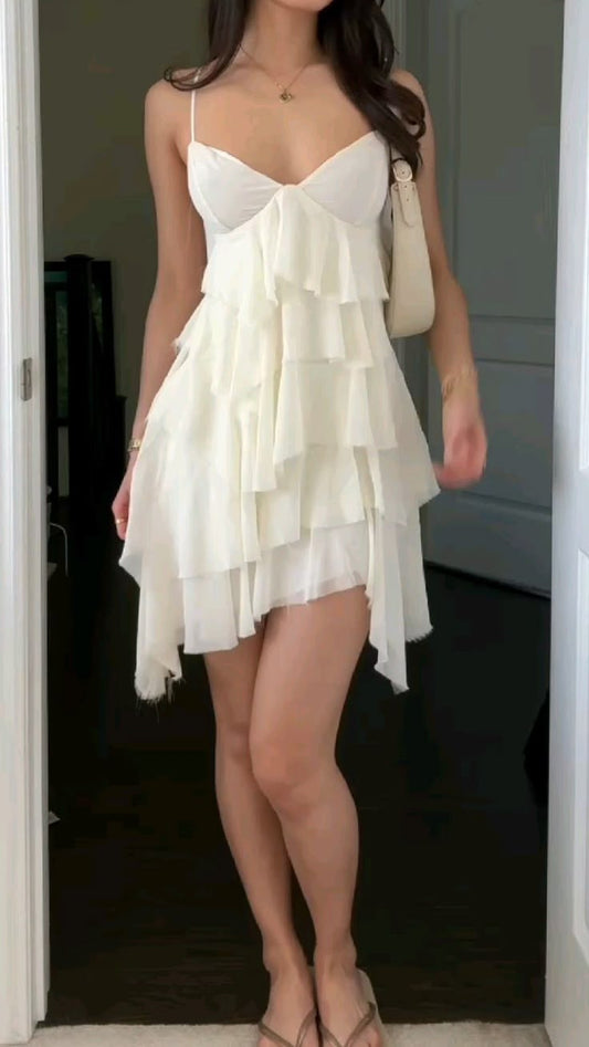 Vestido corto de verano de gasa con tirantes finos, corte A, con volantes blancos, para cumpleaños, minivestido de fiesta para 18 años, DP1242