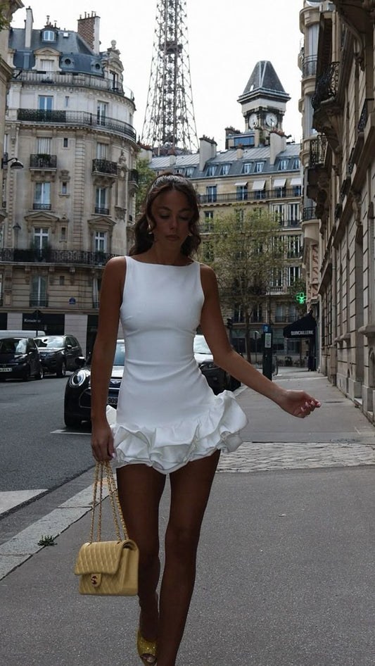Vestido corto de satén blanco con escote en A, sencillo, para cumpleaños de verano, estilo Hoco, para fiesta de 16 años, minivestido DP1247
