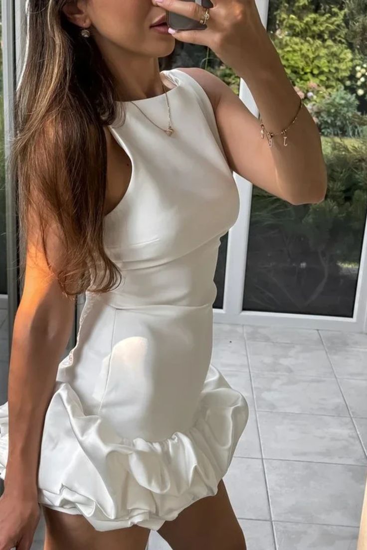 Vestido corto de satén blanco con escote en A, sencillo, para cumpleaños de verano, estilo Hoco, para fiesta de 16 años, minivestido DP1253