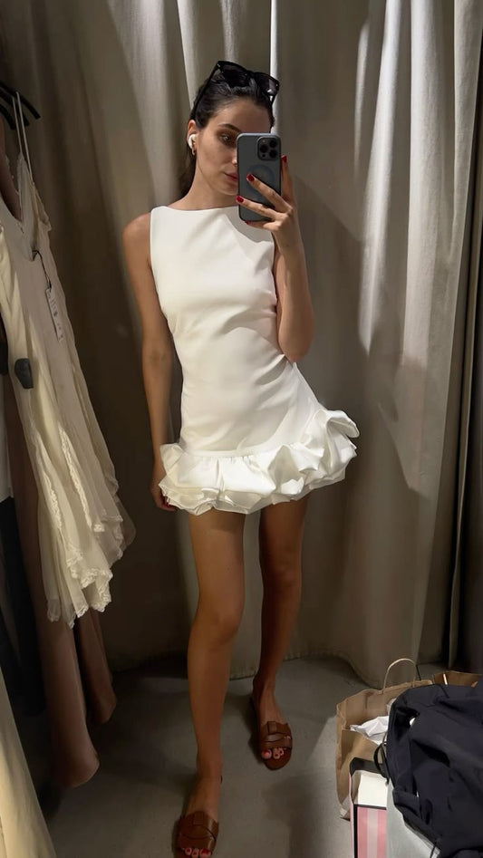 Vestido corto de satén blanco de corte A para cumpleaños, vestido de verano, minivestido de fiesta para 16 cumpleaños, DP1273