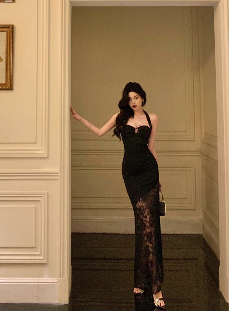 Vestido elegante de sirena con tirantes finos, color negro, para fiesta de cumpleaños número 21, ideas para vestidos de cumpleaños para mujeres (DP1281)