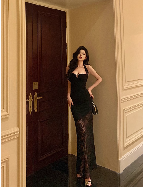 Vestido elegante de sirena con tirantes finos, color negro, para fiesta de cumpleaños número 21, ideas para vestidos de cumpleaños para mujeres (DP1281)
