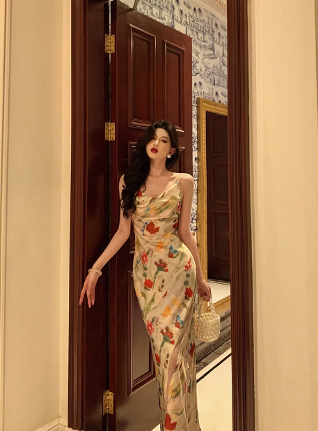 Vestido largo elegante de sirena rosa con estampado floral para cumpleaños número 18, ideal para fiestas de cumpleaños número 21, ideas de vestidos de cumpleaños para mujeres (DP1282)