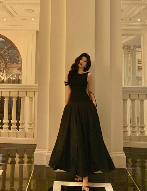 Elegante vestido negro de corte A sin mangas para cumpleaños número 21, ideal para fiestas de cumpleaños, DP1290