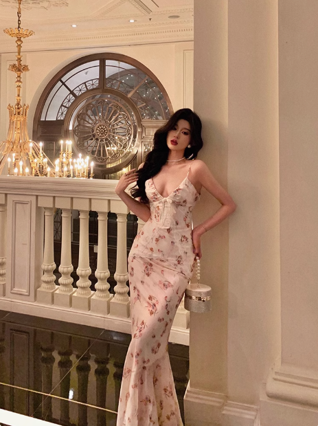 Vestido de fiesta de sirena con tirantes finos, estampado floral rosa, ideal para cumpleaños número 18, DP1300