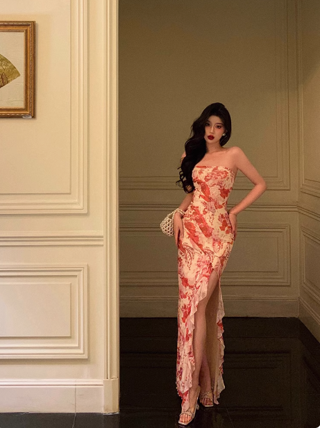 Elegante vestido de sirena sin tirantes, rosa, floral, sin mangas, para fiesta de cumpleaños número 21, ideas de vestidos de cumpleaños para mujeres DP1306