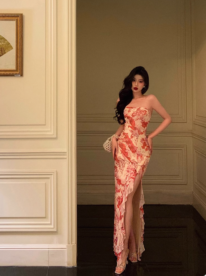 Elegante vestido de sirena sin tirantes, rosa, floral, sin mangas, para fiesta de cumpleaños número 21, ideas de vestidos de cumpleaños para mujeres DP1306