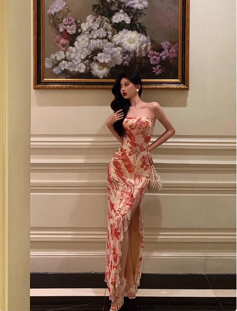 Elegante vestido de sirena sin tirantes, rosa, floral, sin mangas, para fiesta de cumpleaños número 21, ideas de vestidos de cumpleaños para mujeres DP1306