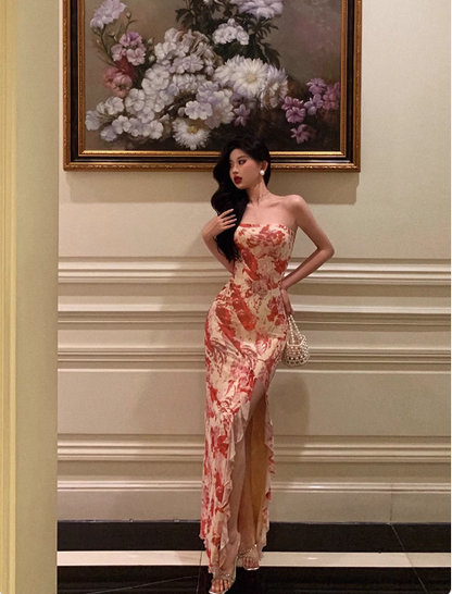 Elegante vestido de sirena sin tirantes, rosa, floral, sin mangas, para fiesta de cumpleaños número 21, ideas de vestidos de cumpleaños para mujeres DP1306