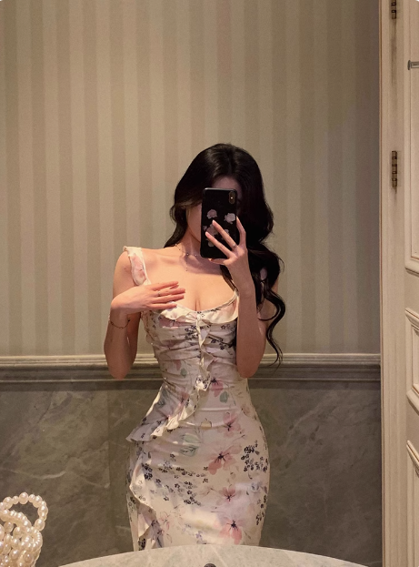 Vestido largo de gasa con estampado floral y corte sirena para fiesta de 18 cumpleaños, atuendos para 21 cumpleaños, ideas de vestidos de cumpleaños para mujeres DP1308