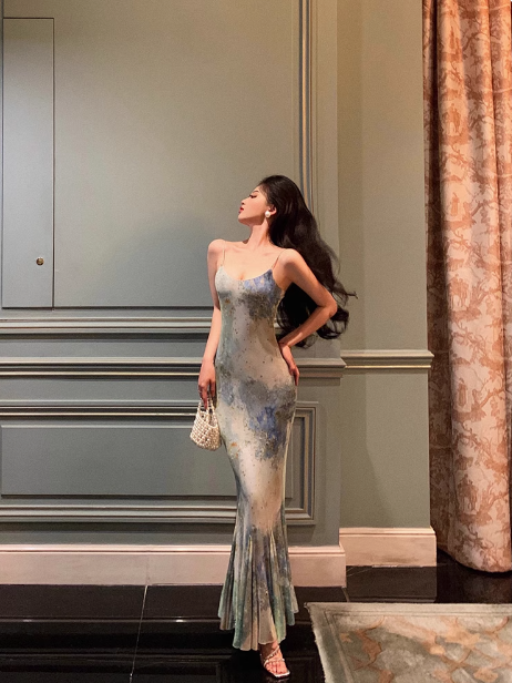 Classy Mermaid Spaghetti Straps Green Floral Chiffon Long 18th Birthday Dress Party Gown 21st Birthday Outfits Birthday Dress Ideas For Women DP1310
