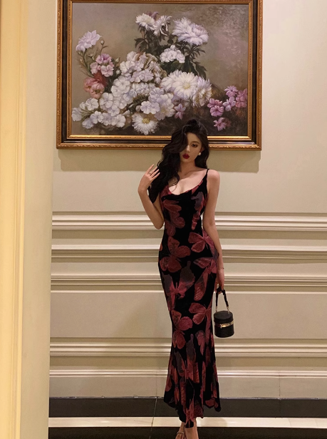 Vestido elegante de sirena con tirantes finos, rosa y negro, largo para cumpleaños número 18, atuendos para cumpleaños número 21, ideas de vestidos de cumpleaños para mujeres DP1312