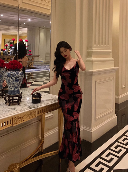 Vestido elegante de sirena con tirantes finos, rosa y negro, largo para cumpleaños número 18, atuendos para cumpleaños número 21, ideas de vestidos de cumpleaños para mujeres DP1312