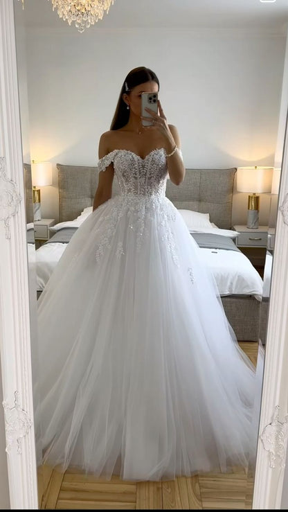 Vestido de novia etéreo, vestido de gala con hombros descubiertos, tul blanco, vestidos de novia DP1316