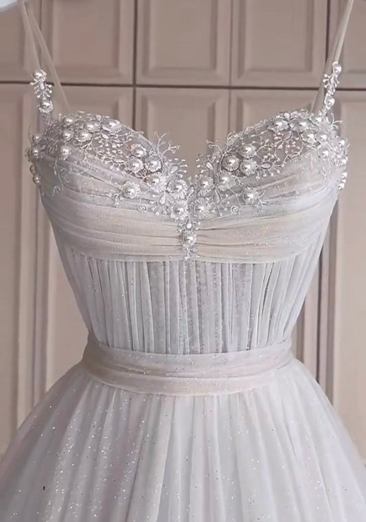 Vestido de novia clásico, corte A, tirantes finos, tul blanco, estilo minimalista, DP1317