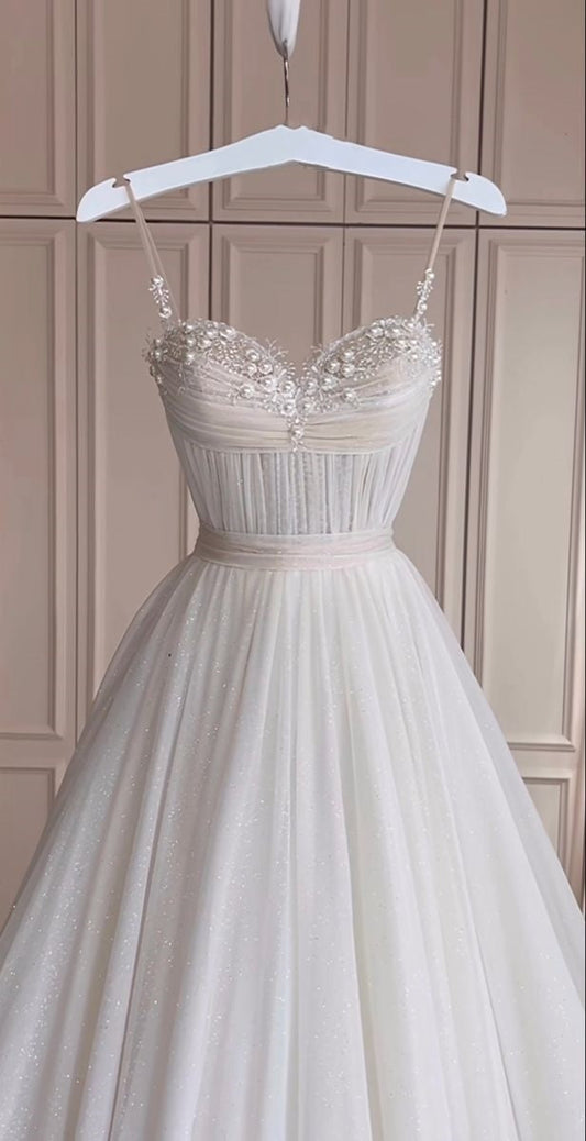 Vestido de novia clásico, corte A, tirantes finos, tul blanco, estilo minimalista, DP1317