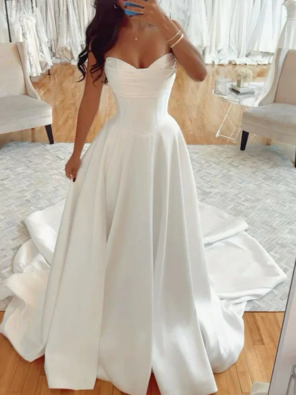 Vestido de novia clásico, corte A, escote corazón, satén blanco, estilo minimalista, DP1319