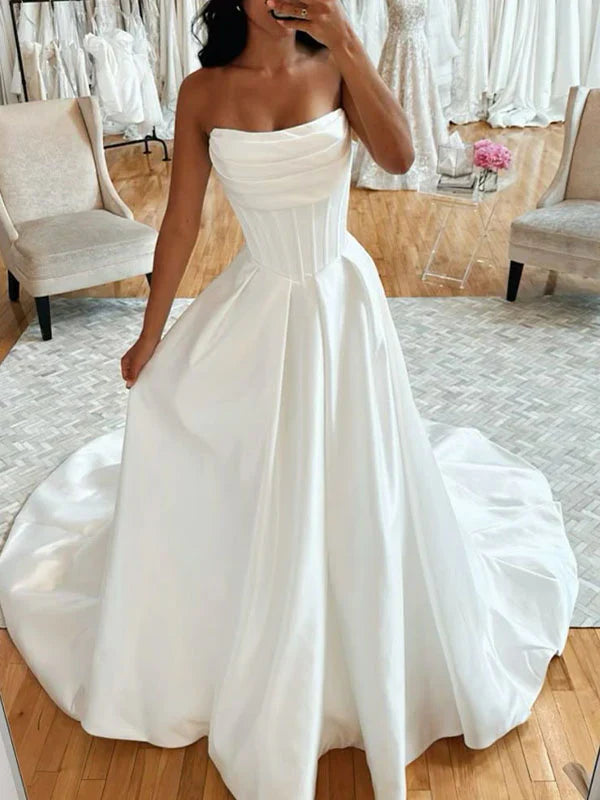 Vestido de novia clásico, corte A, escote corazón, satén blanco, estilo minimalista, DP1319