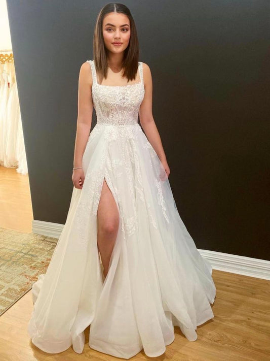 Vestido de novia vintage, vestido de fiesta cuadrado de tul blanco con encaje, vestidos de novia minimalistas DP1320