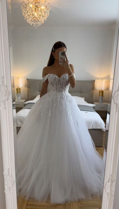 Vestido de novia etéreo, vestido de fiesta con hombros descubiertos, tul blanco, vestidos de novia DP1321