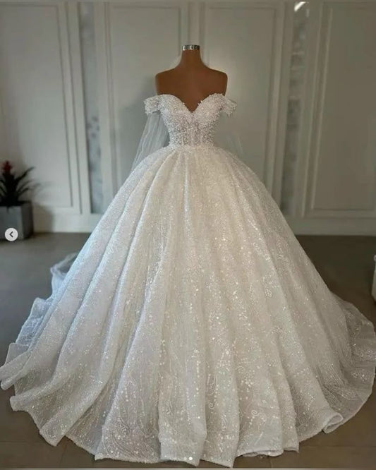 Vestido de novia etéreo, vestido de fiesta con hombros descubiertos y lentejuelas blancas, vestidos de novia DP1322
