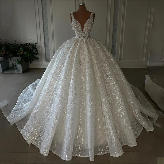 Vestido de novia etéreo, corte en V, con lentejuelas, blanco, DP1332