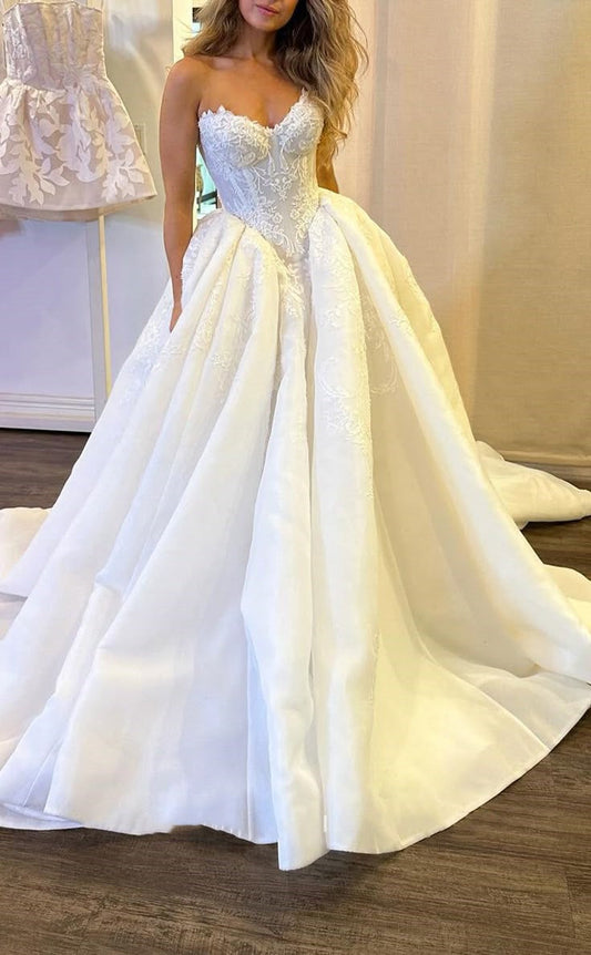 Vestido de novia clásico, vestido de baile, escote corazón, encaje, blanco, vestidos de novia minimalistas DP1336