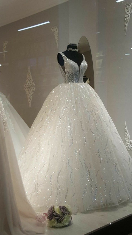 Vestido de novia etéreo, corte en V, con lentejuelas, blanco, DP1337