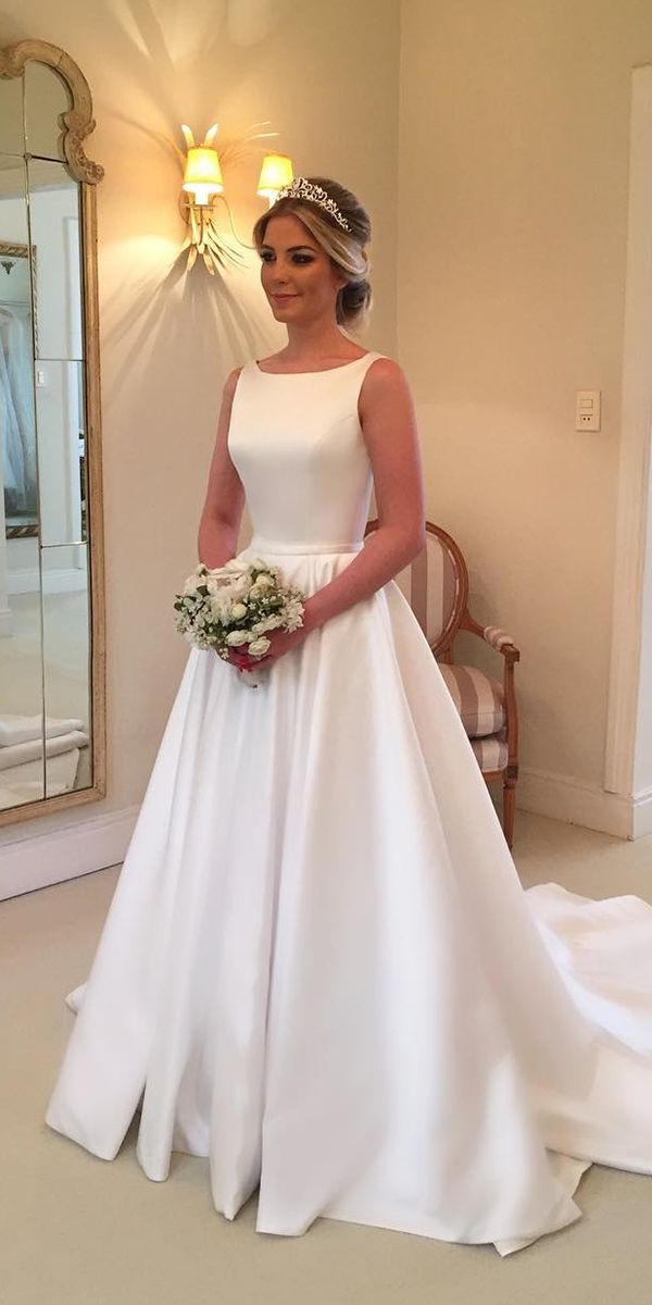 Vestido de novia clásico, vestido de fiesta, escote redondo, blanco, vestidos de novia minimalistas DP1340