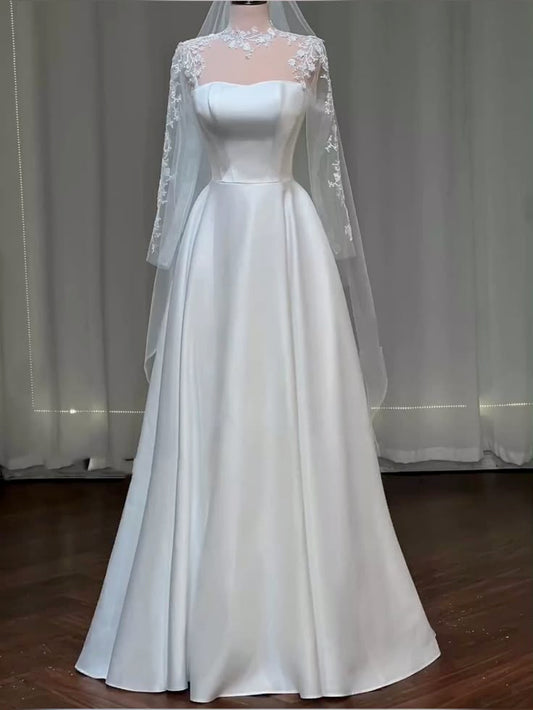 Vestido de novia clásico, vestido de gala, vestidos de novia de satén blanco, vestidos de novia minimalistas DP1341