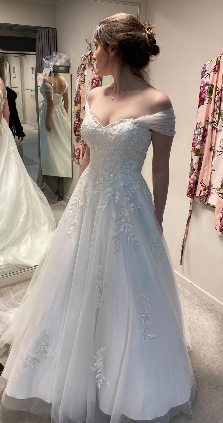 Vestido de novia etéreo, de encaje, con hombros descubiertos, blanco, DP1343