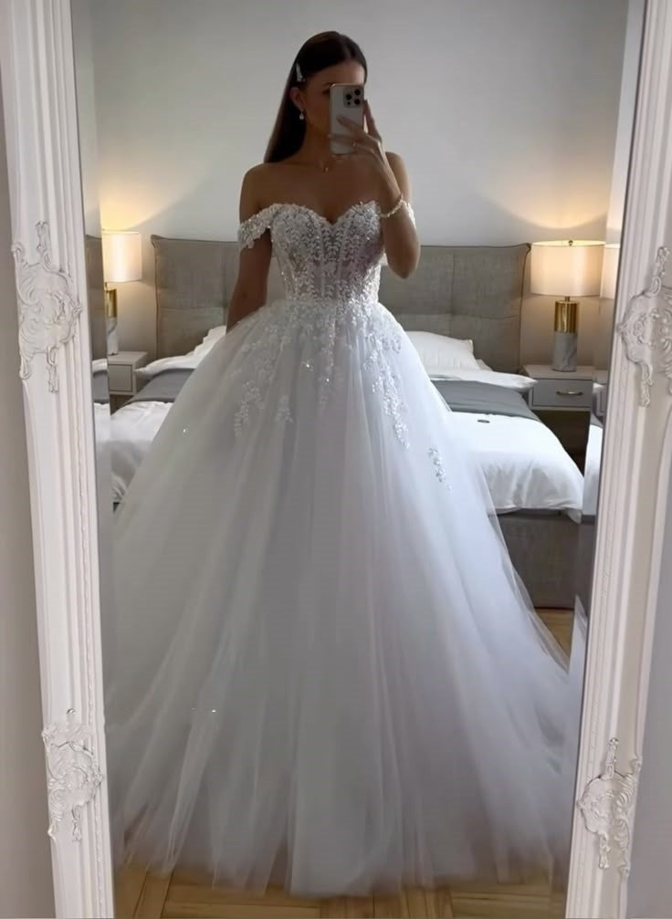 Vestido de novia etéreo, vestido de fiesta con hombros descubiertos, tul blanco, vestidos de novia DP1321