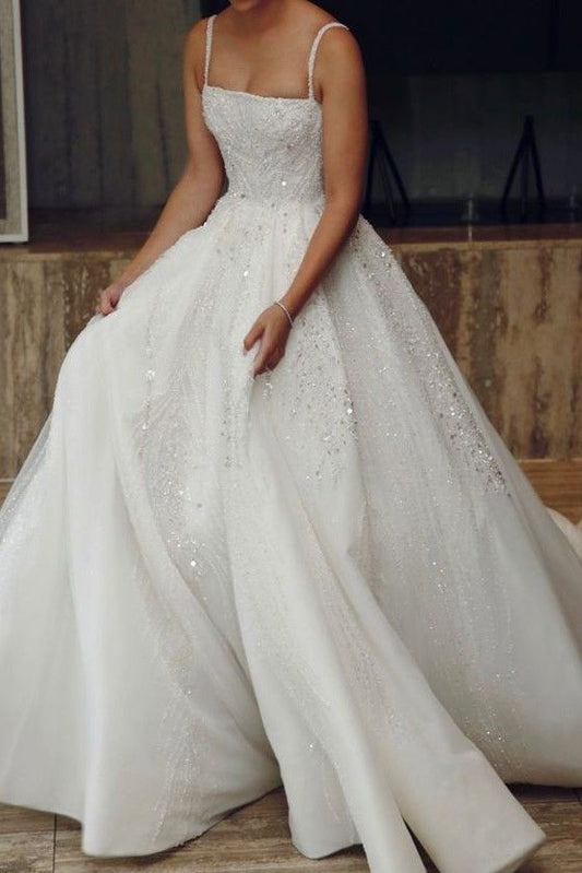 Vestido de novia clásico, vestido de fiesta, tirantes finos, lentejuelas, blanco, vestidos de novia minimalistas DP1349