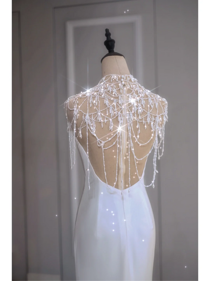 Vestido de novia etéreo de corte sirena, cuello alto, largo, blanco, DP1351