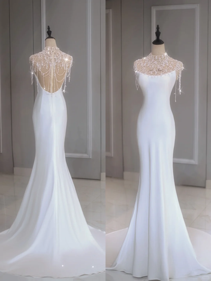 Vestido de novia etéreo de corte sirena, cuello alto, largo, blanco, DP1351