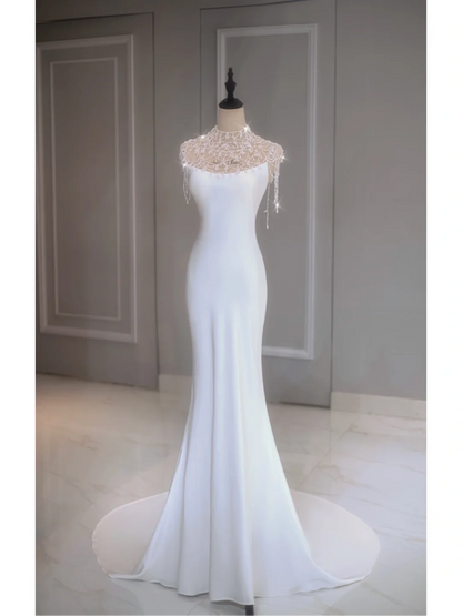 Vestido de novia etéreo de corte sirena, cuello alto, largo, blanco, DP1351