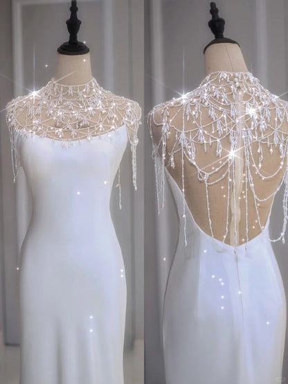 Vestido de novia etéreo de corte sirena, cuello alto, largo, blanco, DP1351