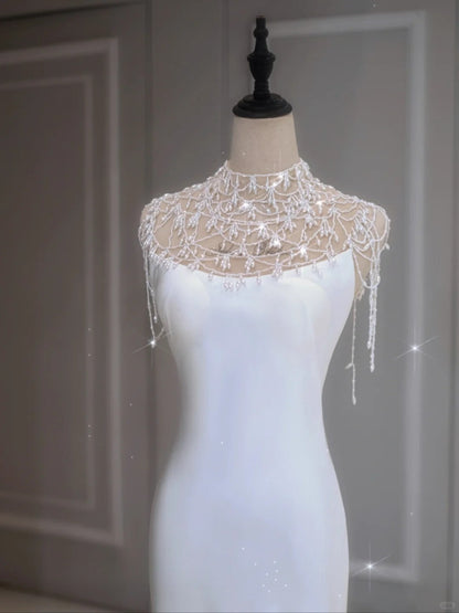 Vestido de novia etéreo de corte sirena, cuello alto, largo, blanco, DP1351