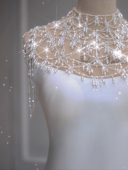 Vestido de novia etéreo de corte sirena, cuello alto, largo, blanco, DP1351