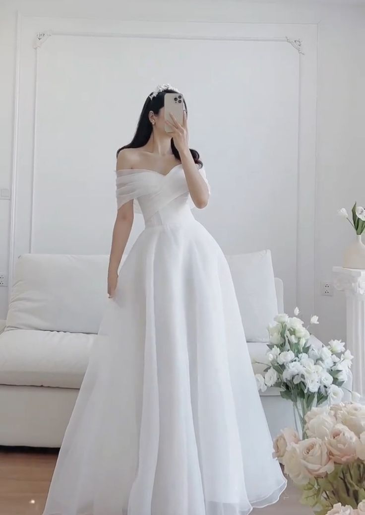 Vestido de novia sencillo, de fiesta y hombros descubiertos, blanco, DP1352
