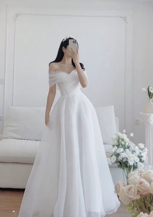 Vestido de novia sencillo, de fiesta y hombros descubiertos, blanco, DP1352
