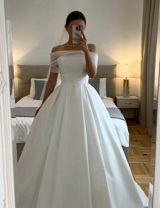 Vestido de novia sencillo, de fiesta y hombros descubiertos, blanco, DP1355