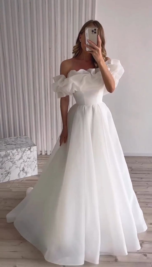 Vestido de novia sencillo, de organza blanca, con hombros descubiertos, DP1356