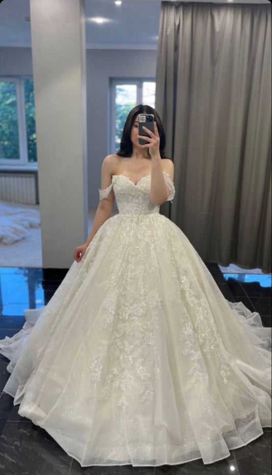 Vestido de novia sencillo, de encaje blanco, con hombros descubiertos, DP1358
