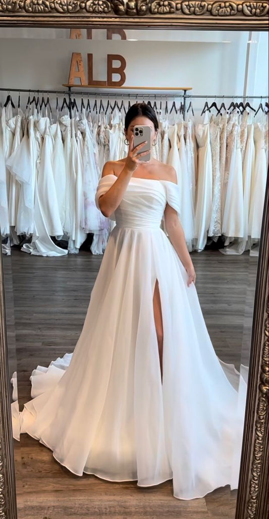 Vestido de novia sencillo, vestido de fiesta con hombros descubiertos y abertura, blanco, DP1359