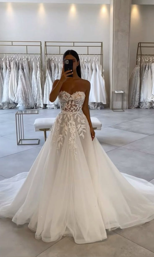 Vestido de novia clásico, vestido de fiesta, sin tirantes, de encaje, blanco, para verano, estilo minimalista, DP1360