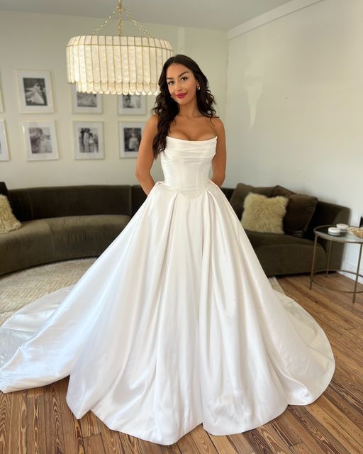 Vestido de novia clásico, vestido de fiesta sin tirantes, satén blanco, vestidos de novia de verano, vestidos de novia minimalistas DP1361